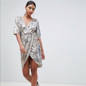TFNC sequin wrap mini dress in matte gold